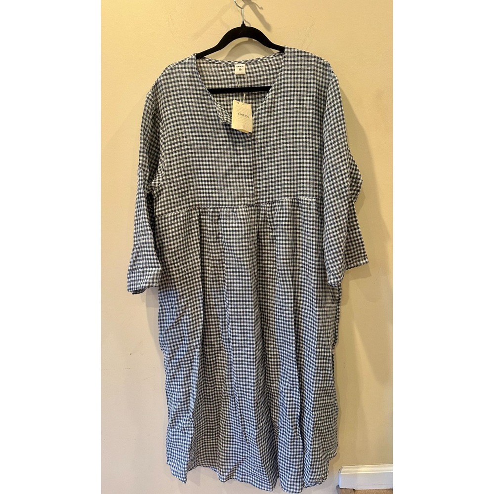Lintico NWT XXL Navy & White Gingham Linen Cotton Midi Dress Cottagecore $129